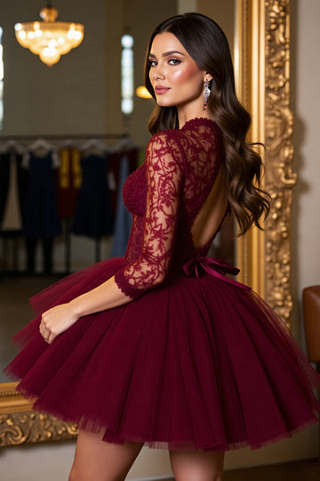 Burgundy Corset Illusion Neck Tulle Short Homecoming Dress with Lace